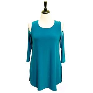 Sympli Teal Cold Shoulder 3/4 Sleeve Nuglimpse Scoop Neck Slits Tunic NWT 10